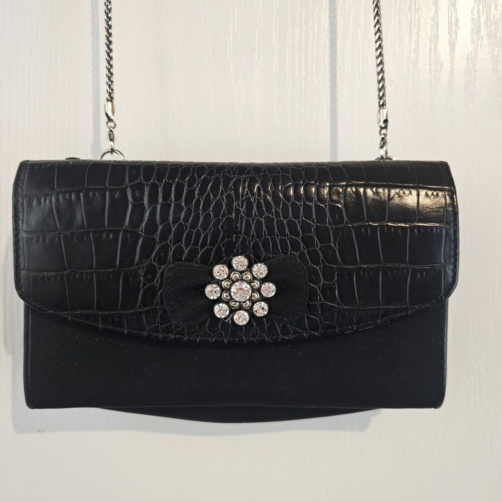 VTG y2K Brighton Twilight Bag Croc Embossed Leather Swarovski Embellished Bow